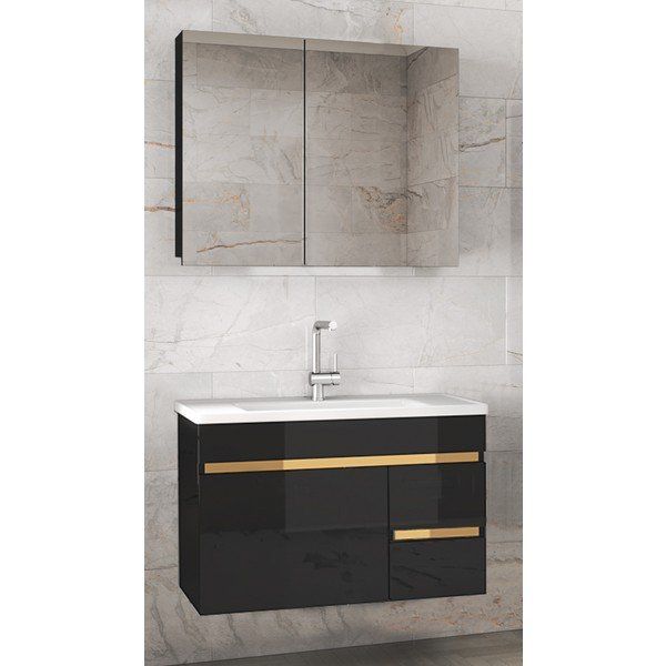 Alfa Banyo Viosen-EA Siyah-Gold 80 cm Çekmeceli MDF-Aynalı Lavabolu Banyo Dolabı Takımı