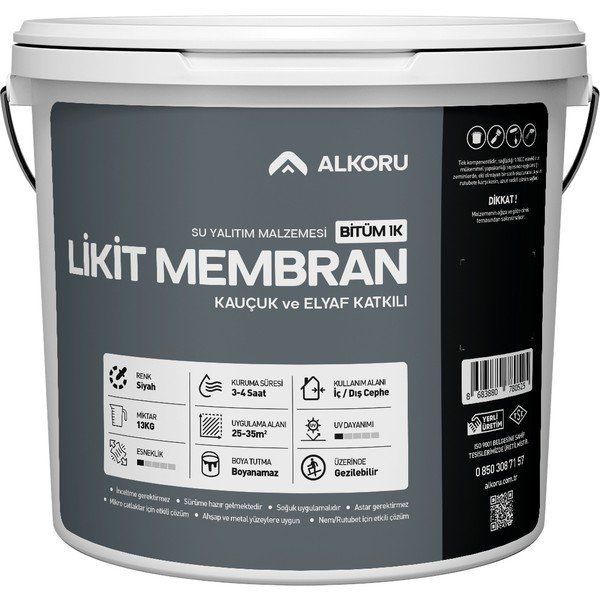 Alkoru Bitüm 1K Likit Membran Kauçuk ve Elyaf Katkılı 13 kg Sıvı Su Yalıtım Malzemesi