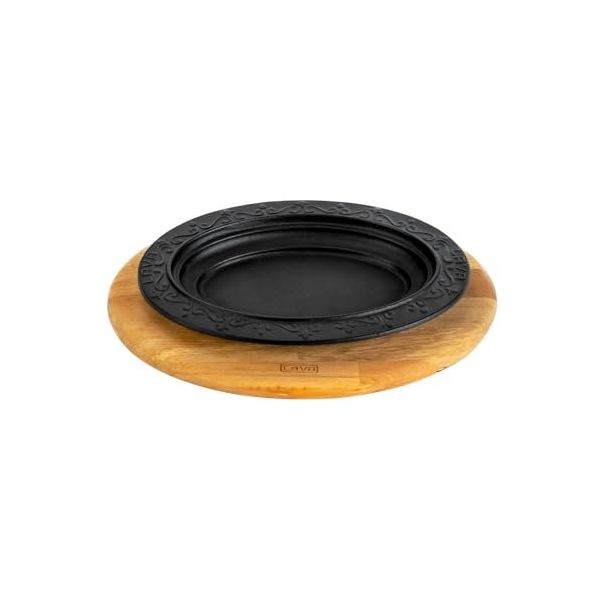 Lava 28x20 cm Siyah Döküm Oval Döner Kebap Tabağı Kayın Servis Ahşabı