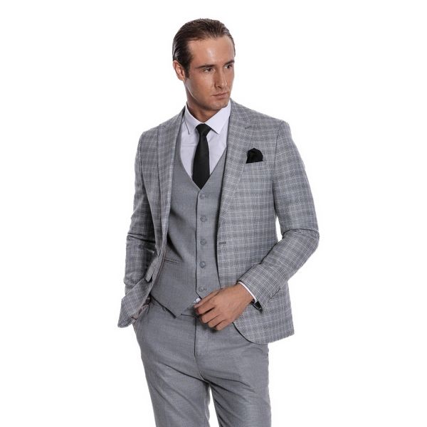 Wessi Ekose Slim Fit Açık Gri Erkek Ceketli Takım Elbise