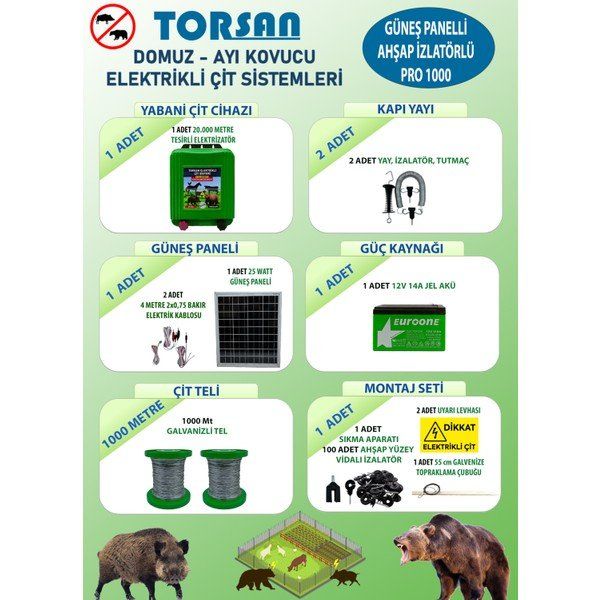 Torsan Pro 1000 Domuz Ayı Kovucu 1000 mt Güneş Panelli Elektrikli Çit Sistemi
