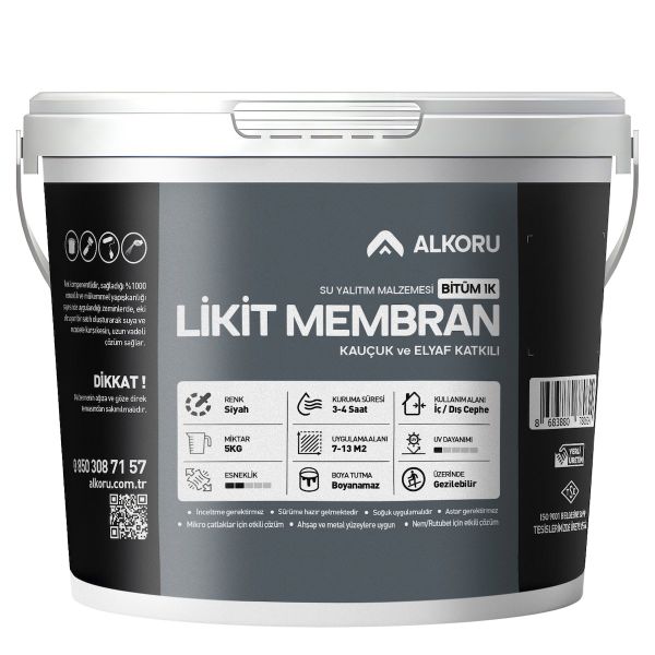 Alkoru Bitüm 1K Likit Membran Kauçuk ve Elyaf Katkılı 5 KG Sıvı Su Yalıtım Malzemesi