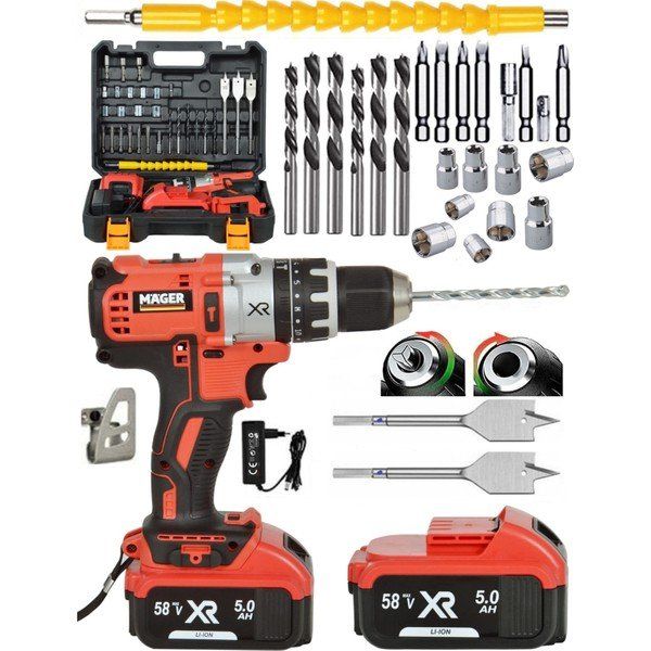 Mager Germany Thechnology XR 58 W 5 Ah Darbeli Çift Akülü Şarjlı Vidalama Matkap