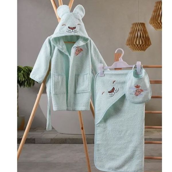Cotton Box Aslan Mint Bornoz+Kundak+Önlük Bebek Banyo Seti