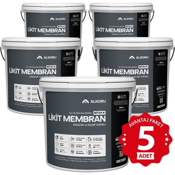 Alkoru Bitüm 1K Likit Membran Kauçuk ve Elyaf Katkılı 5x13 kg Sıvı Su Yalıtım Malzemesi