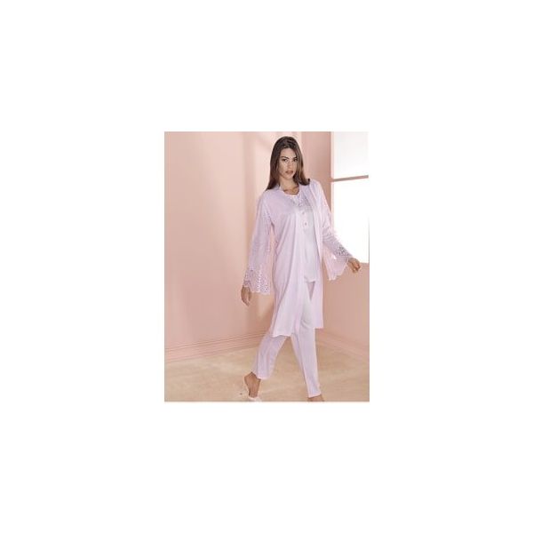 Espuar 757 3'lü Beyaz Penye Kadın Sabahlık Pijama Takımı