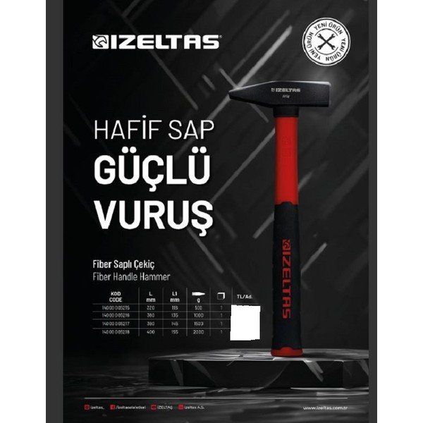 İzeltaş 2000 gr Fiber Saplı Çekiç