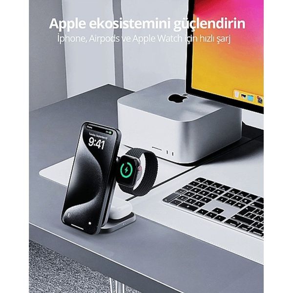 Aukey LC-MC312-GY MagFusion Z Qi2 15W Katlanabilir 3'ü 1 Arada Mıknatıslı Kablosuz Şarj Cihazı