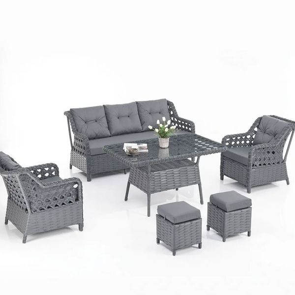 Evdemo Eren Rattan Puflu 3+1+1 Gri Bahçe Balkon Takımı