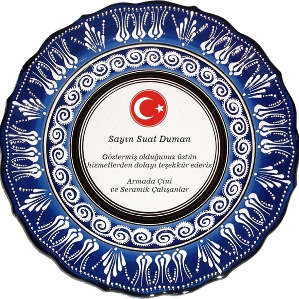 Armada Çini Resimli Baskılı El Dekoru Kütahya Mavi 30 cm Çini Tabak