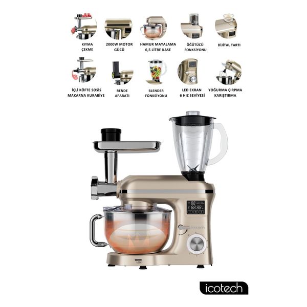 Icotech SM50 Gold LED Ekranlı Hamur Mayalama Kıyma Çekme Blender 2000 W 6.5 lt Stand Mikser Mutfak Şefi Hamur Yoğurma Makinesi