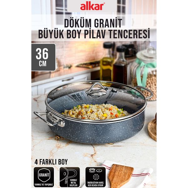 Fithome 36 cm Döküm Granit Büyük Boy Yanmaz Yapışmaz Sanayi Tipi Endüstriyel Pilav Tenceresi