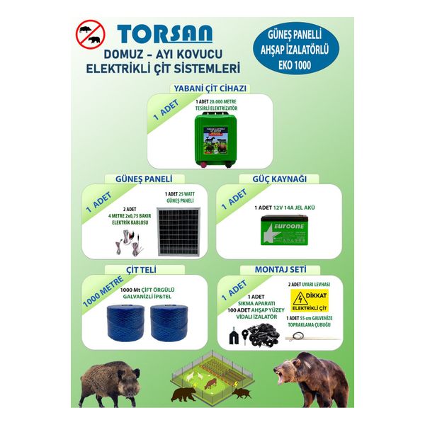 Torsan Eko 1000 Domuz Ayı Kovucu 1000 mt Güneş Panelli Elektrikli Çit Sistemi
