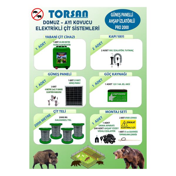 Torsan Pro 2000 Domuz Ayı Kovucu 2000 mt Güneş Panelli Elektrikli Çit Sistemi