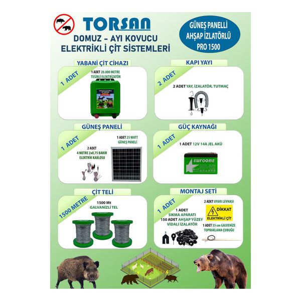 Torsan Pro 1500 Domuz Ayı Kovucu 1500 mt Güneş Panelli Elektrikli Çit Sistemi