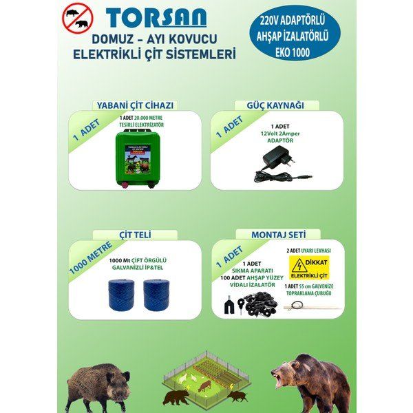 Torsan Eko 1000 Adaptörlü 220V Domuz Ayı Kovucu 1000 mt Elektrikli Çit Sistemi