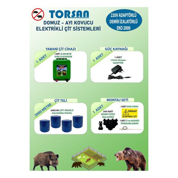 Torsan Eko Plus 2000 Adaptörlü 220V Domuz Ayı Kovucu 2000 mt Elektrikli Çit Sistemi