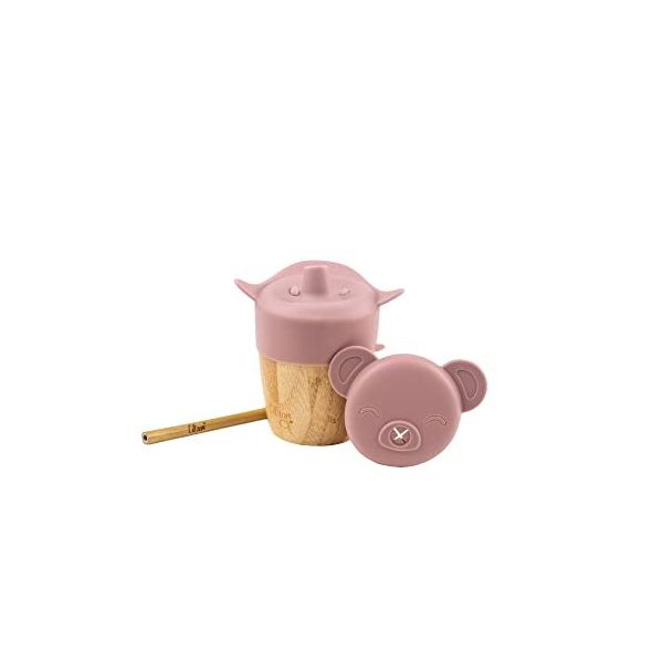 Citron 1073643 Pink 2'si 1 Arada Kapaklı ve Pipetli Organik Bambu Alıştırma Bardağı