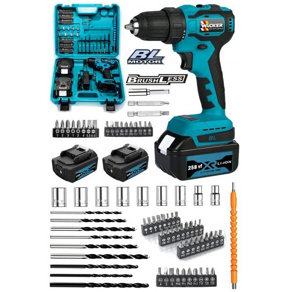 Wacker Pro Germany Blue 027 Yeni Sistem Komursuz Motor 258 VF 86 Çift Akülü Vidalama Şarjlı Matkap