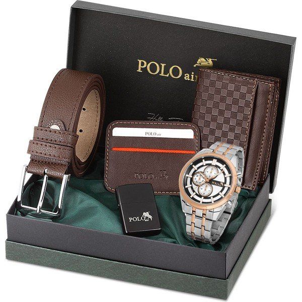 Polo Air PL-0856E3 Gümüş Bakır Erkek Kol Saati Cüzdan Kemer Kartlık Set