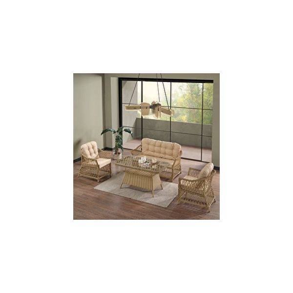Evdemo İcon 2+1+1 Cappuccino Camlı Masa Rattan Bahçe Balkon Oturma Takımı
