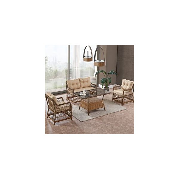 Evdemo Breda 2+1+1 Kahve Cam Masalı Rattan Örgü Bahçe Balkon Takımı
