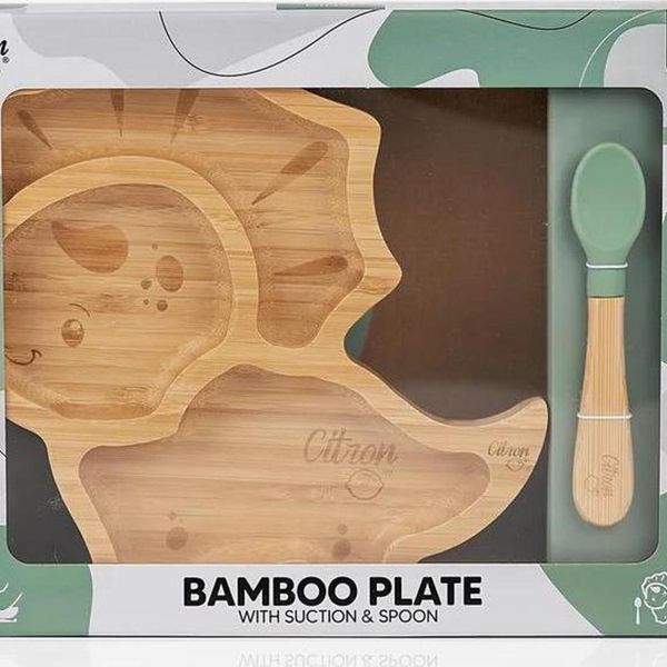 Citron 1073537 Dino Bölmeli Vakum Tabanlı Organik Bambu Çocuk Yemek Takımı
