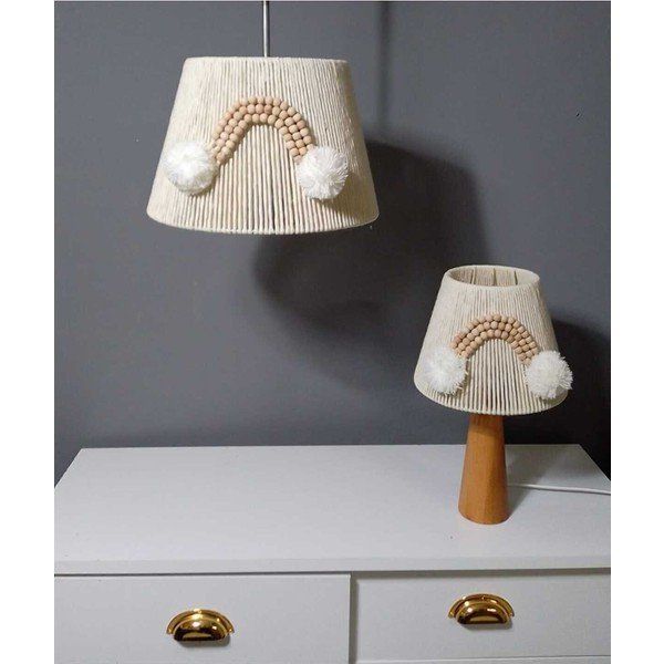 Woodhub E27 Amber Makrome Avize Ahşap Boncuklu Bebek Çocuk Odası Abajur Set