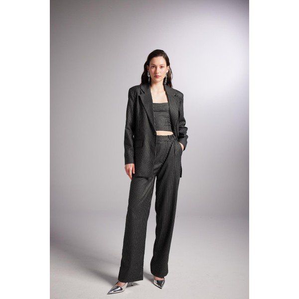 Holly Lolly HLSS24-00015 Eden Oversize Kesim Simli Çizgili Siyah Kadın Blazer Ceket