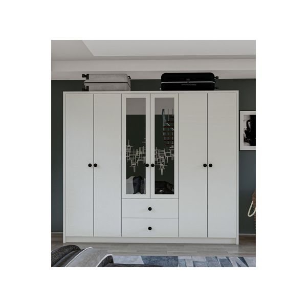Metalia GM 036 Lüx 6 Kapı 2 Çekmeceli Düğme Kulplu Aynalı Gardırop