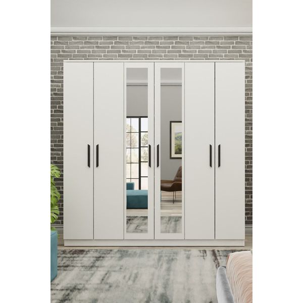 Metalia GM 081 Favorite 6 Kapılı Aynalı Beyaz Siyah Kulplu Gardırop