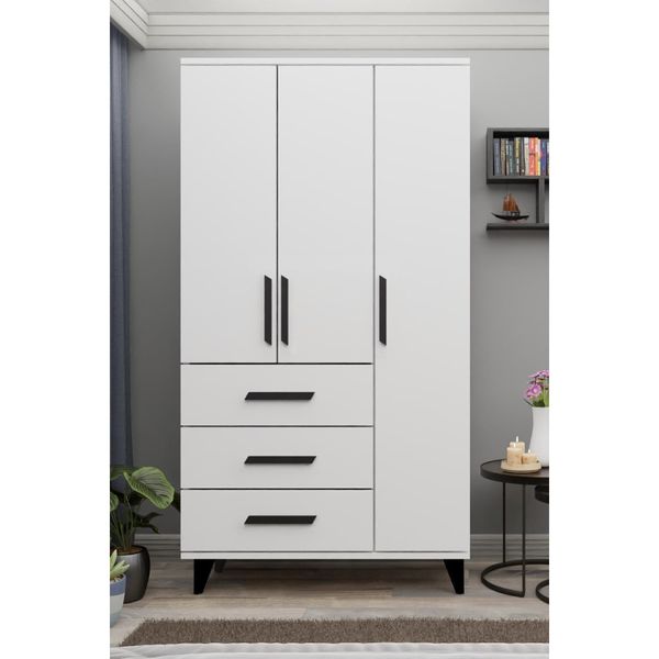 Metalia GM 303-A Ece 3 Kapı 3 Çekmeceli Ayaklı Siyah Kulplu Gardırop