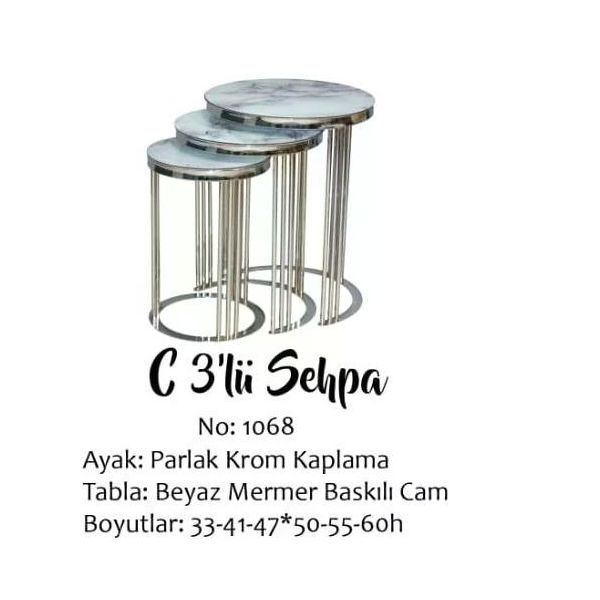Brc Eko C 13382 3'lü Beyaz Mermer Desen Metal Parlak Krom Ayak El Yapı Zigon Sehpa