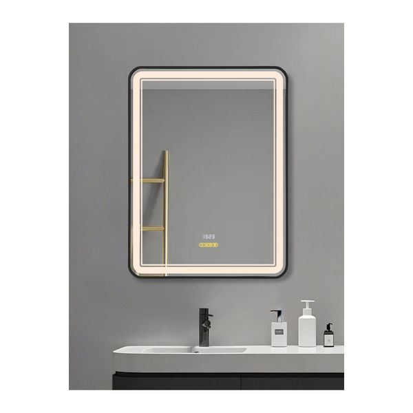 Avend 60x80 cm Akıllı Ayna Hareket Sensörlü Buhar Tutmayan 3 Renk Ledli Işıklı Dokunmatik 3 Butonlu HD Yansıma Dimmer Özellikli Siyah Çerçeveli Lüks Lavabo Banyo Makyaj Aynası