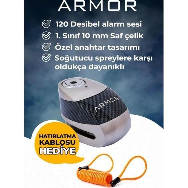 Armor 610 Mva 10 Mm Alarmlı Çelik Disk Kilit Motorsiklet Kilidi Hatırlatma Kablosu