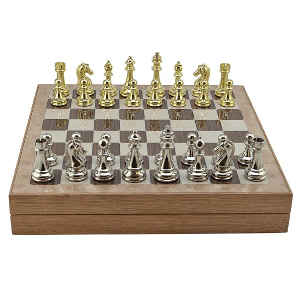 Gift Home Metal Klasik 36x36x6 cm Satranç Takımı Parlak ve Rustik Desenli MDF Sandıklı Satranç Tahtası