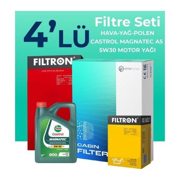 Filtron Ford Courier 1.6 Dizel Castrol Motor Yağlı 2014-2019 4'lü Filtre Bakım Seti
