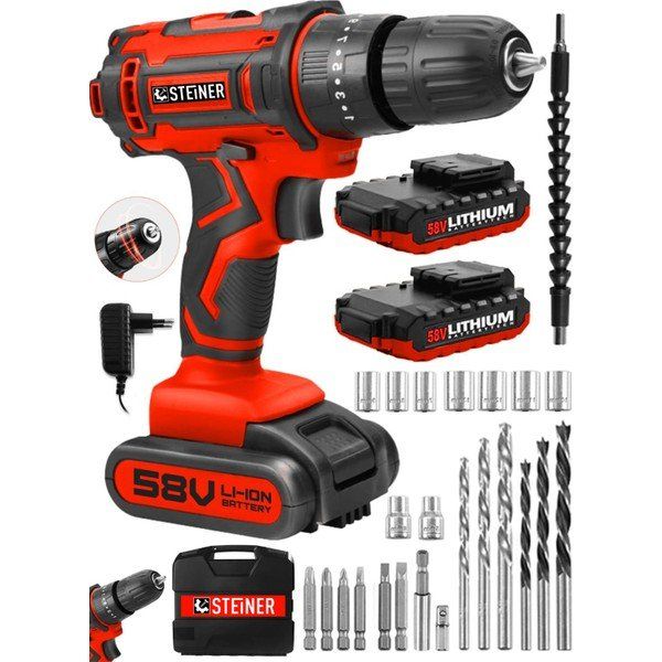 Steiner Germany Technology Highline 58 V 5 Ah Darbeli Bakır Sargılı Çift Akülü Kırmızı Vidalama Matkap