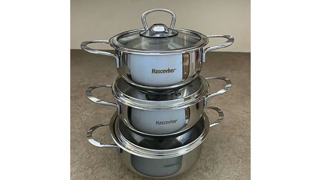 Hascevher 6 Parça Cam Kapaklı-Çelik Kulplu Kumsal Çelik Tencere