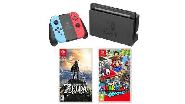 Nintendo Switch Neon Red Blue + Super Mario Odyssey + The Legend