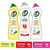 Cif 750 ml Frezya Müge Çiçeği Krem Temizleyici + 750 ml Amonyaklı Krem Temizleyici + 750 ml Limonlu Krem Temizleyici
