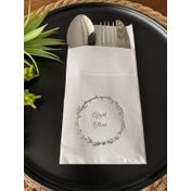Kidspartim 12'li 40x40 cm Gümüş Yaldızlı Beyaz Çelenkli Afiyet Olsun Cepli Peçete