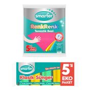 Smarter Klasik Sünger 5'li +Renk Renk 5'li Temizlik Bezi