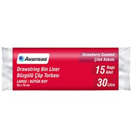 Avansas 15'li Paket 65x70 cm Büyük Boy Kırmızı Çilek Kokulu Büzgülü Çöp Torbası