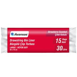 Avansas 15'li Paket 65x70 cm Büyük Boy Kırmızı Çilek Kokulu Büzgülü Çöp Torbası