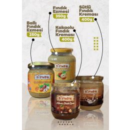 Bi Fındık 250 gr Ballı Fındık Ezmesi + 450 gr Sütlü Fındık Kreması + 450 gr Kakaolu Fındık Kreması + 350 gr Fındık Ezmesi