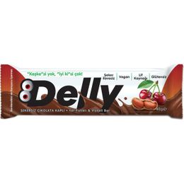 Delly 12x40 gr Şekersiz Çikolata Kaplı Yer Fıstıklı Vişneli Bar