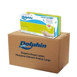 Dolphin 20 Adet 100'lü Paket Koli Tek Kullanımlık Lateks Beyaz Pudralı Large Muayne Eldiveni