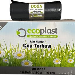 Ecoplast 700 gr 90 lt 80x110 cm 10 Adetlik 10 Rulo Jumbo Boy Siyah Çöp Torbası Poşeti
