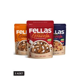 Fellas 270 gr Hindistan Cevizi + 270 gr Kırmızı Meyveler + 270 gr Karışık Kuruyemişli 3'lü Mix Paket Protein Granola
